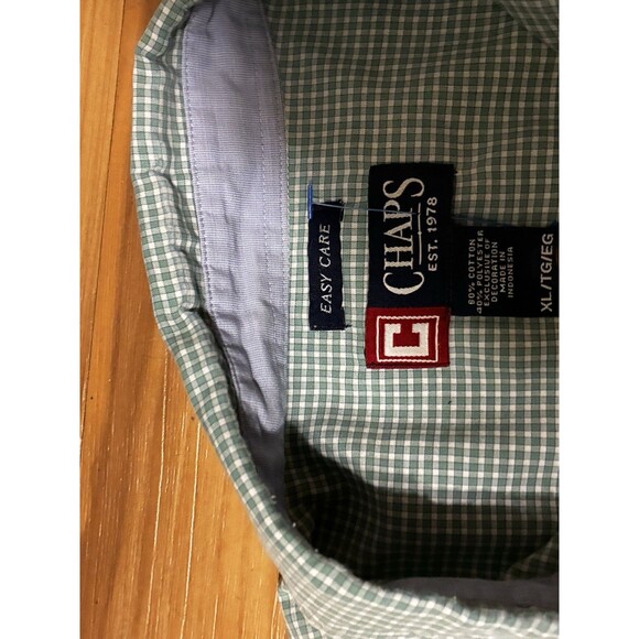 Chaps Men’s Gingham Button Up Shirt XL Tall Green Short Sleeve Easy Care - Picture 2 of 4